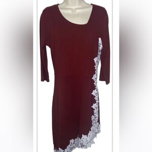 Drimmaks Women’s Asymmetrical Pencil Dress L Red White w/White Lace Flowers